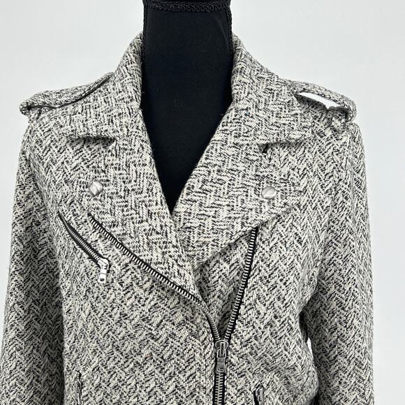 Herringbone Wool Tweed Moto Jacket Warm Textured Black White Women’s M Tall - Picture 5 of 9
